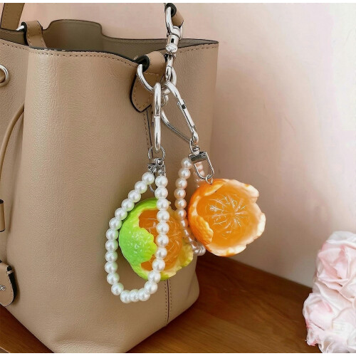 Resin Fruit Pendant Keyring with Heart Clasp and Beaded Loop, Small Bag Charm Backpack Accessory 1 Piece  Orange 1