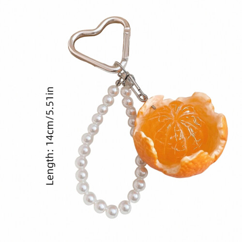 Resin Fruit Pendant Keyring with Heart Clasp and Beaded Loop, Small Bag Charm Backpack Accessory 1 Piece  Orange 2