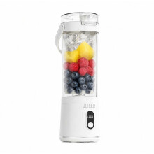 Grijze draagbare elektrische blender met knopbediening, sapbeker en reisbeker.