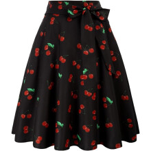 Damenrock Ausgestellt Retro Vintage Elegant Schwarz XL — 50er jahre rock, a-linien rock, kirschmuster rock
