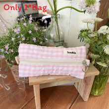(Pink) Spacious Stationery Canvas Pencil Case With Grid Pattern Fashion Girls For