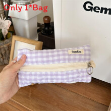 (Purple) Spacious Stationery Canvas Pencil Case With Grid Pattern Fashion Girls For