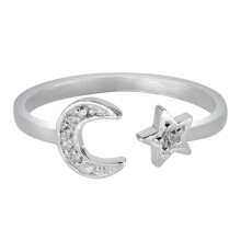 Sterling Silver Cubic Zirconia Moon And Star Design Adjustable Ring