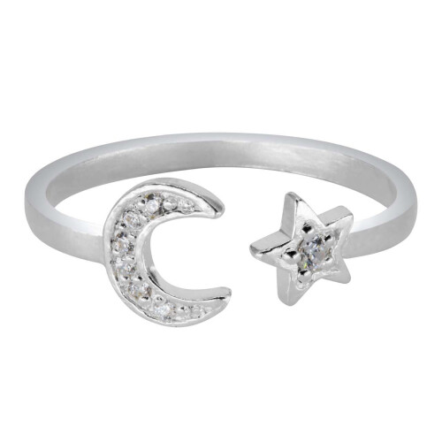 Sterling Silver Cubic Zirconia Moon And Star Design Adjustable Ring