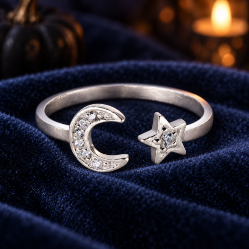 Sterling Silver Cubic Zirconia Moon And Star Design Adjustable Ring 1