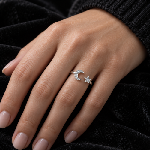 Sterling Silver Cubic Zirconia Moon And Star Design Adjustable Ring 2