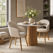 (Off-White, Set of 2) Corduroy Dining Chairs with Wooden Legs - GOEURVANT