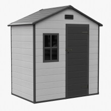 Garden Sanctuary 5.97x3.96ft Outdoor Storage Shed Plastic Tool House w/ Window & Lockable Door, Smoky Grey+Black Wood Grain Finsih