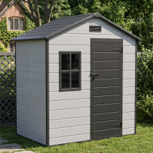 5.97 x 3.96FT Outdoor Aluminum & PP Storage Shed, Smoky Grey+Black Wood Grain