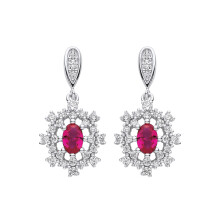 Jewelco London Ladies Rhodium-Plated Sterling Silver Red Oval CZ 8 Point Flower Snowflake Cluster Drop Earrings - EAG1145RH