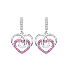 Jewelco London Ladies Rhodium-Plated Sterling Silver Red CZ Loopy Corkscrew Love Heart Drop Earrings - EAG1144RH