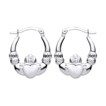 Jewelco London Ladies Rhodium Sterling Silver Puffed Claddagh Creole Earrings Small - ER204SML