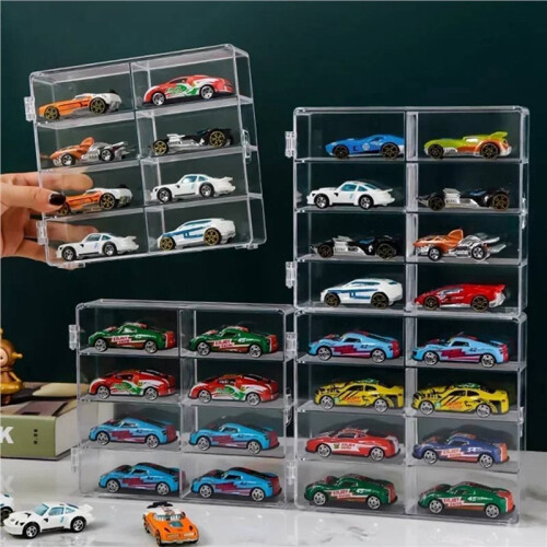 4X Car Display Box, 1:64 Scale, Suitable for Car Model Toys, 8-Compartment Shelf, Dustproof, Stackable Car Storage Box
