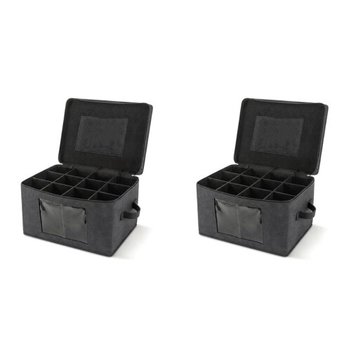 2X Wine Glass Storage Box with Lid, Hard Shell Stemware Storage Container with 12 Dividers, Glassware Packing Box