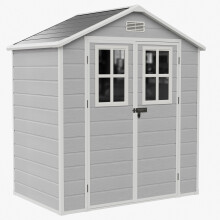 Garden Sanctuary 5.97x4.05ft Outdoor Storage Shed Plastic Tool House w/ Dual Windows & Lockable Double Doors, Grey Wood Grain Finsih