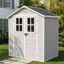 5.97 x 4.05FT Outdoor Aluminum & PP Storage Shed w/ Double Windows, Smoky Grey Wood Grain