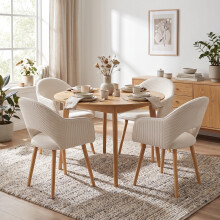 (Off-White, Set of 4) Corduroy Dining Chairs with Wooden Legs - GOEURVANT