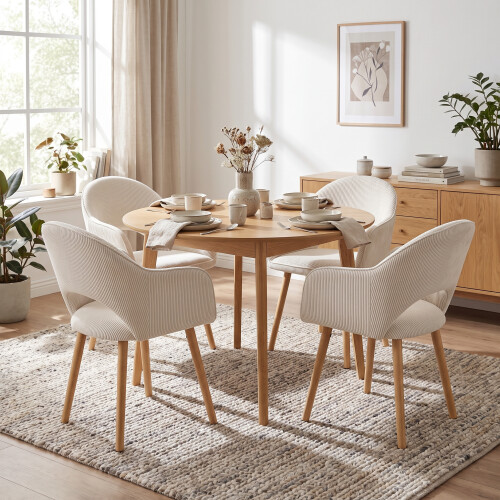 (Off-White, Set of 4) Corduroy Dining Chairs with Wooden Legs - GOEURVANT