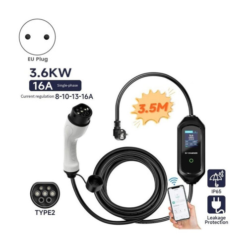 5M EV Charger 3.6KW 16A Type2 EVSE Fast Charging Cable WIFI EU Plug Adjustable Controller Charging Cable 1