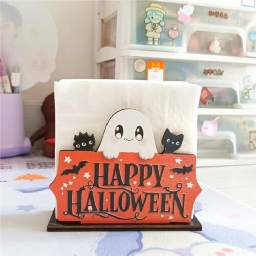 and Cat Wood Napkin Holder for Table, Happy Halloween Decor 2