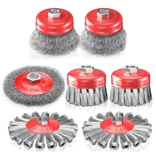 Conjunto de 7 Escovas de Aço para Esmerilhadeira Angular de 4-1/2", Escovas de Aço Trançado e Ondulado (3" e 4"), Rosca 5/8"-11 1