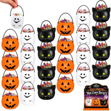 24 -Süßigkeiteneimer für Halloween: Kürbis, Geist, Schwarze Katze - Ideal für Süßes oder Saures. Robuster Kunststoff mit Griff für Partys.