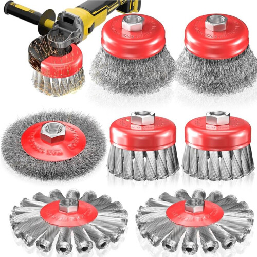 Conjunto de 7 Escovas de Aço para Esmerilhadeira Angular de 4-1/2", Escovas de Aço Trançado e Ondulado (3" e 4"), Rosca 5/8"-11 2