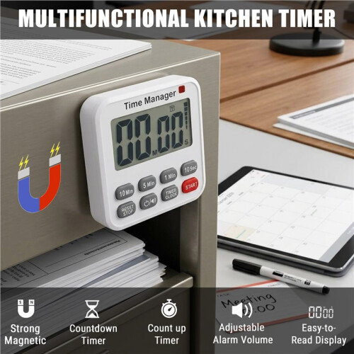 Magnetic Digital Kitchen Timer 99 Min 59 Sec Count  Down  LCD Display for Cooking Study White 1