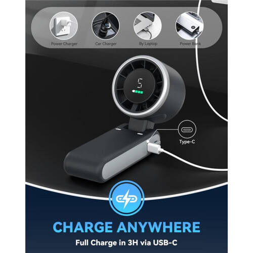 Portable Turbo Handheld Fan, 5 High-Speed Settings, 3600mAh Power, Digital Screen, Foldable USB/Type-C Charge B 1