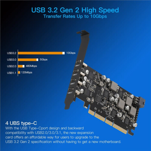 Placa de Expansão PCIe USB com Power Delivery, 4 Portas USB Tipo-C, PCIe USB 3.2 com 10 Gbps para Placa-Mãe de PC Desktop 1