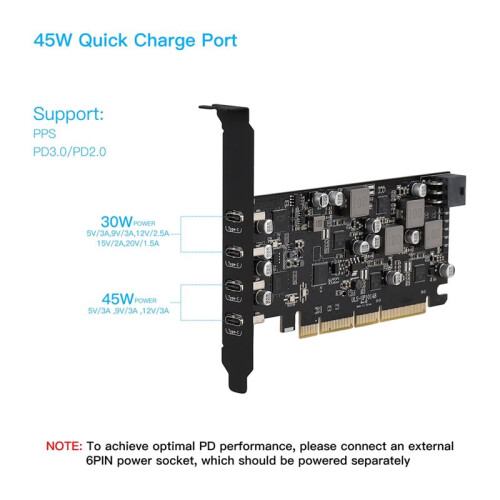 Placa de Expansão PCIe USB com Power Delivery, 4 Portas USB Tipo-C, PCIe USB 3.2 com 10 Gbps para Placa-Mãe de PC Desktop 2
