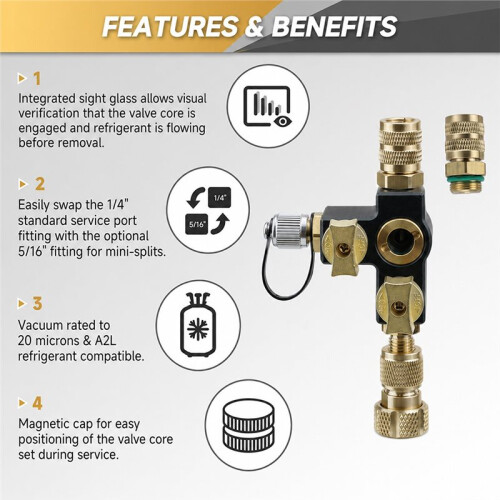 Dual Valve Removal Tool with 1/4" Valve Core- HVAC Valve Tool Includes Sight Glass Visual Refrigerant Refill -Set 2