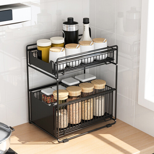 Set of 1 Kitchen Shelves Slide-Out Storage Rack Black 2