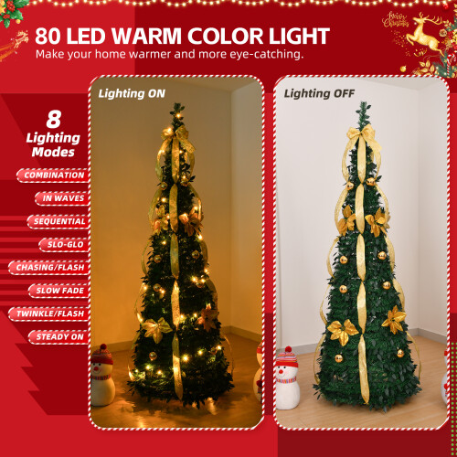 6 FT 8 Modes Light Pop Up Artificial Fully Decorated Christmas Tree