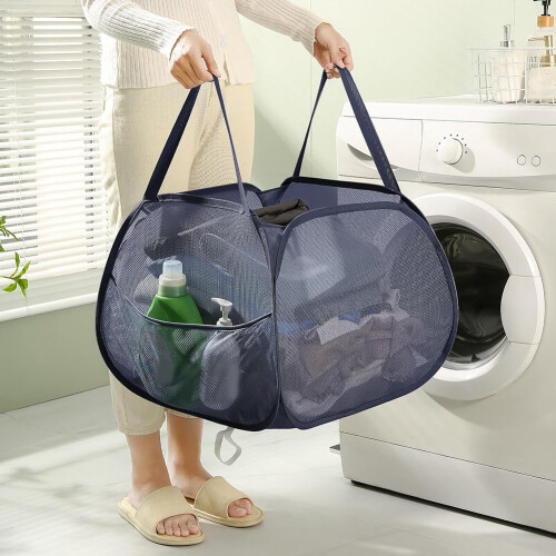 Collapsible Mesh - Laundry Hamper with Strong Handles, Opening Clothes Hamper with Side Pockets, Storage Baskets-B 2