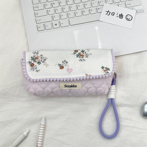 (Purple) Cute Floral Stationery Bag With Polyester Material Large Capacity Organizer Teens For Students