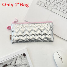 (Heart Silver) Fashionable Themed Bowknot Pu Makeup And Stationery Pouch Multipurpose Storage With