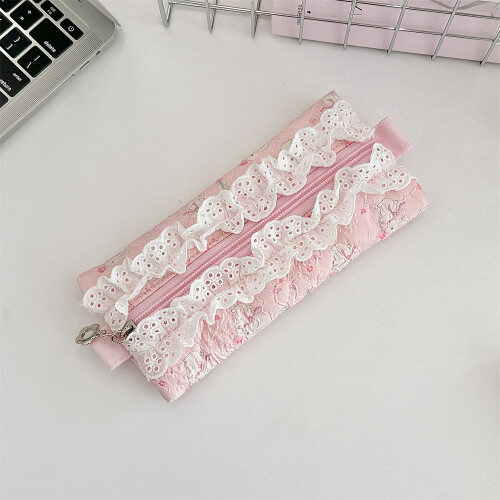 (Bouquet Rabbits) Flower Patterned Girls Polyester Pencil Bag With Spacious For Students Design