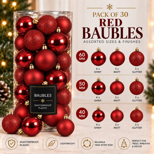 30 Red Baubles Shatterproof Christmas