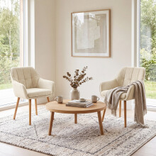 (Cream, Set of 2) Chenille Dining Chairs with Armrests, Wooden Legs - GOEURVANT