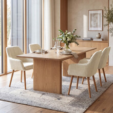 (Cream, Set of 4) Chenille Dining Chairs with Armrests, Wooden Legs - GOEURVANT