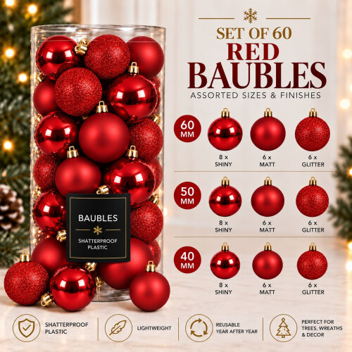 60 Red Baubles Shatterproof Christmas