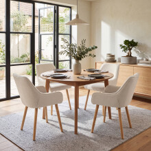 (Beige, Set of 4) Fabric Dining Chairs with Armrests, Wooden Legs - GOEURVANT