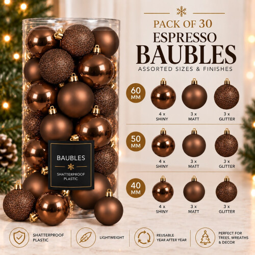 30 Espresso Brown Baubles Shatterproof Christmas