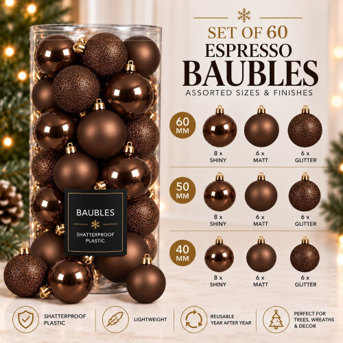 60 Espresso Brown Baubles Shatterproof Christmas