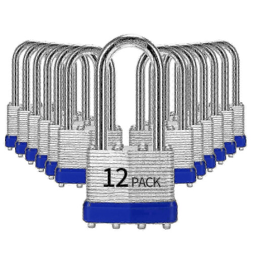 12-Pack Laminated Steel Long Shackle Padlocks Keyed Alike