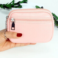 (Pink)Solid Color Pu Coin Organizer With Zipper Closure And Compact Storage For Daily