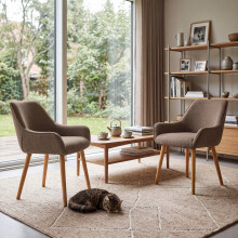 (Mocha Brown, Set of 2) Fabric Dining Chairs with Armrests, Wooden Legs - GOEURVANT