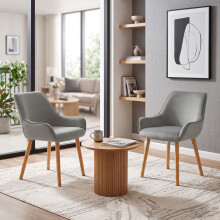 (Light Grey, Set of 2) Velvet Dining Chairs with Armrests, Wooden Legs - GOEURVANT