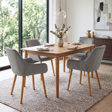 (Light Grey, Set of 6) Velvet Dining Chairs with Armrests, Wooden Legs - GOEURVANT